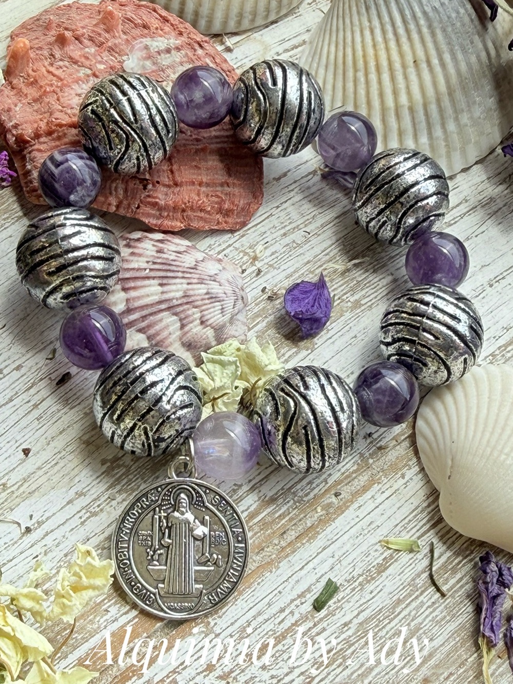 SUMMER + Oversized Amethyst beaded  bracelet Silver Saint Benedict
